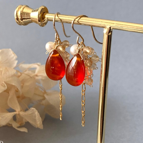 【予約】 14kgfピアス＊カーネリアン×シトリン ピアス（フック・チェーン ピアス