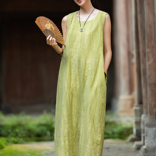 リンネン天然染レース付け襟ワンピースイエロー