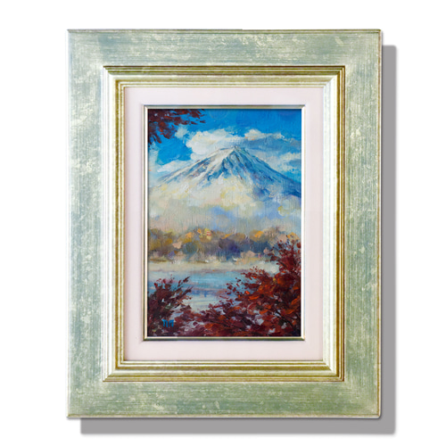 朝露に映える紅葉の富士】油絵原画 一点物 額縁付 豪華