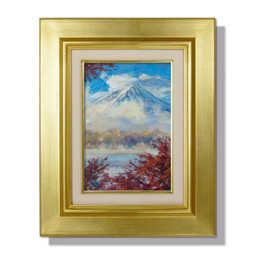 桜舞う富士】油絵原画 一点物 額縁付 豪華プレゼント付き 絵画