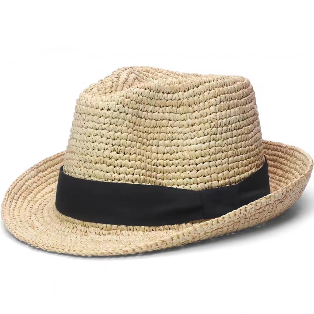 ラフィアハット、中折れ帽子男性、紳士、パナマ帽、フェドーラ帽、麦わら帽子、夏用、ストローハット、日よけ・サイズ調節