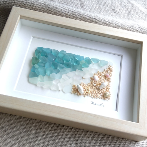 【大きめサイズ/ガラスカバー付】お部屋を浄化する海アート　シーグラス/水晶 大きめサイズ/ガラスカバー付】お部屋を浄化する海アート