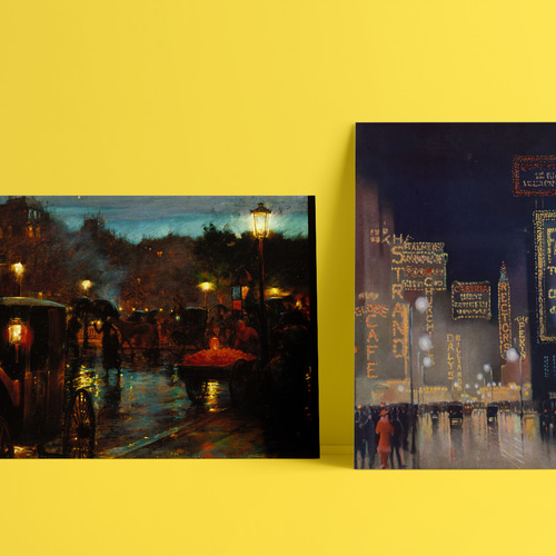 パリの夜景の絵画インテリアポスター ☆雨傘フランス馬車クラシック