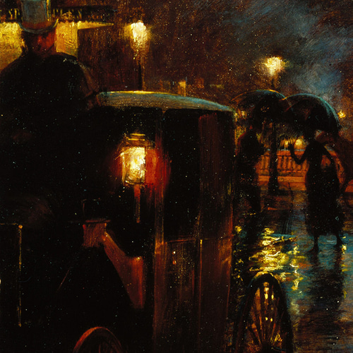 パリの夜景の絵画インテリアポスター ☆雨傘フランス馬車
