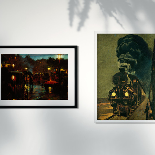 パリの夜景の絵画インテリアポスター ☆雨傘フランス馬車