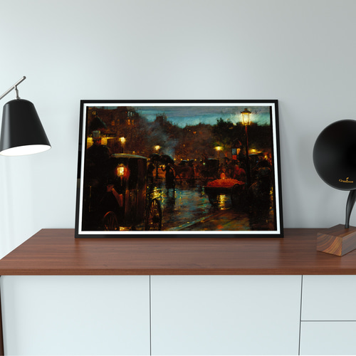 パリの夜景の絵画インテリアポスター ☆雨傘フランス馬車クラシック