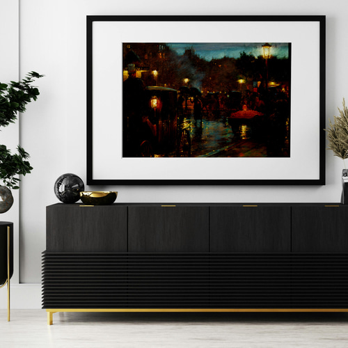 パリの夜景の絵画インテリアポスター ☆雨傘フランス馬車クラシック