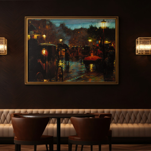 パリの夜景の絵画インテリアポスター ☆雨傘フランス馬車クラシック