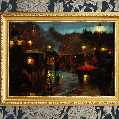 パリの夜景の絵画インテリアポスター ☆雨傘フランス馬車クラシック