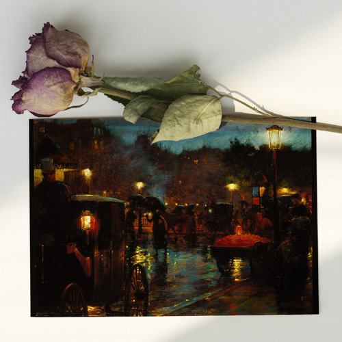 パリの夜景の絵画インテリアポスター ☆雨傘フランス馬車クラシック