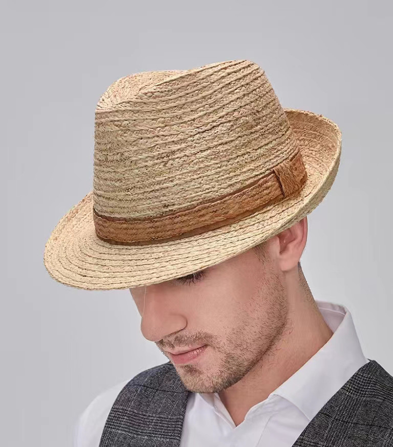 ラフィアハット、中折れ帽子男性、クラシック、パナマ帽、フェドーラ帽、麦わら帽子、夏用、ストローハット、日よけ・サイズ調節