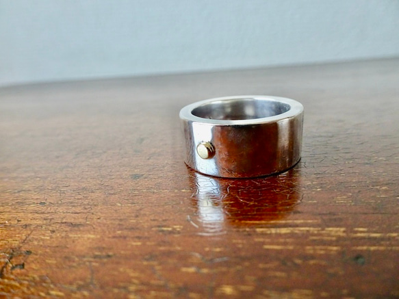 仁尾彫金『k18一粒万倍、幅1cm、プラチナ平打リング』ハンドメイド303  