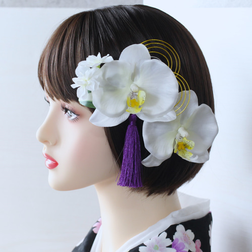 胡蝶蘭と小花と水引のクリップ式髪飾り＊ショートヘアでも