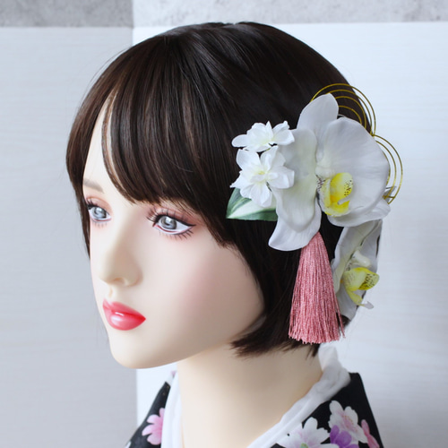 胡蝶蘭と小花と水引のクリップ式髪飾り＊ショートヘアでもワンタッチで