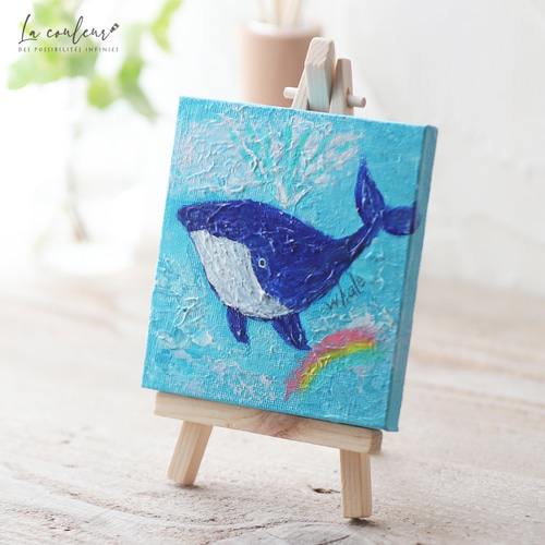 原画】虹とクジラ 約10cm角 キャンバス 送料無料 絵画 La