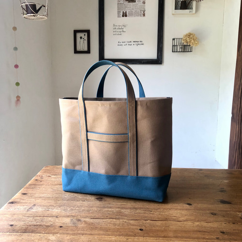 Lベーシック帆布トートバッグ〈グレージュベース×くすみブルー Lベーシック帆布トートバッグ〈グレージュベース×くすみブルー