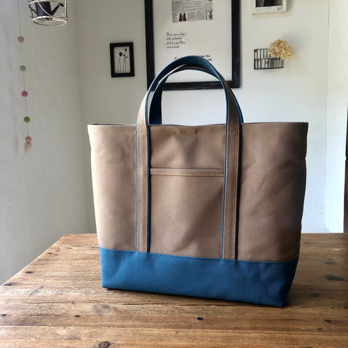Lベーシック帆布トートバッグ〈グレージュベース×くすみブルー