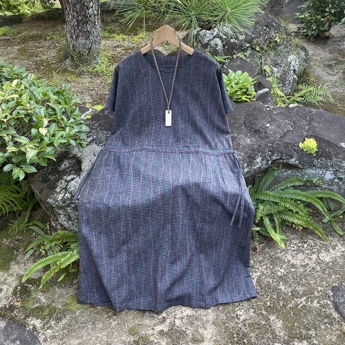 着物リメイク】フレンチスリーブのワンピース/綿/ウエストシャーリング