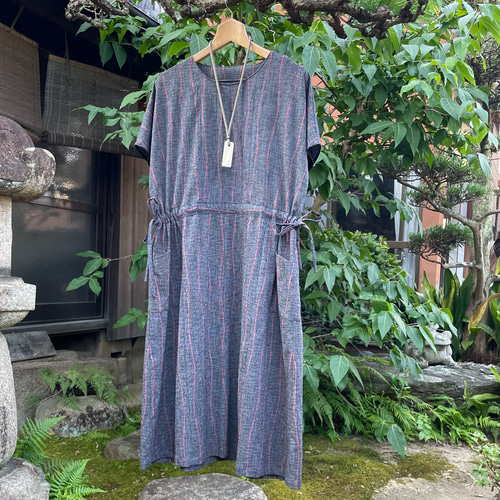 着物リメイク】フレンチスリーブのワンピース/綿/ウエストシャーリング