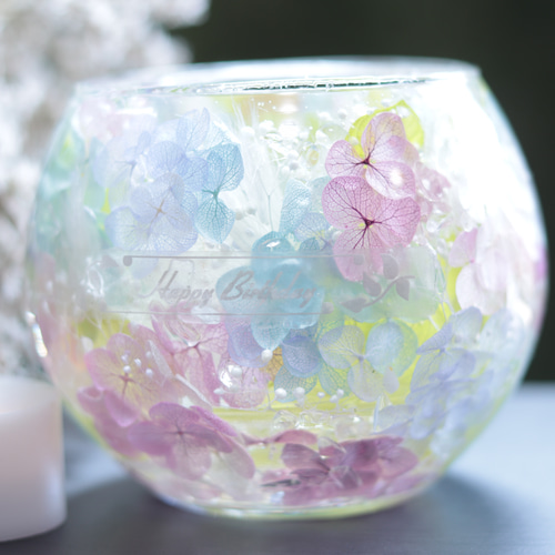 おまけキャンドル&選べるラベル】「アジサイと水晶の花手水