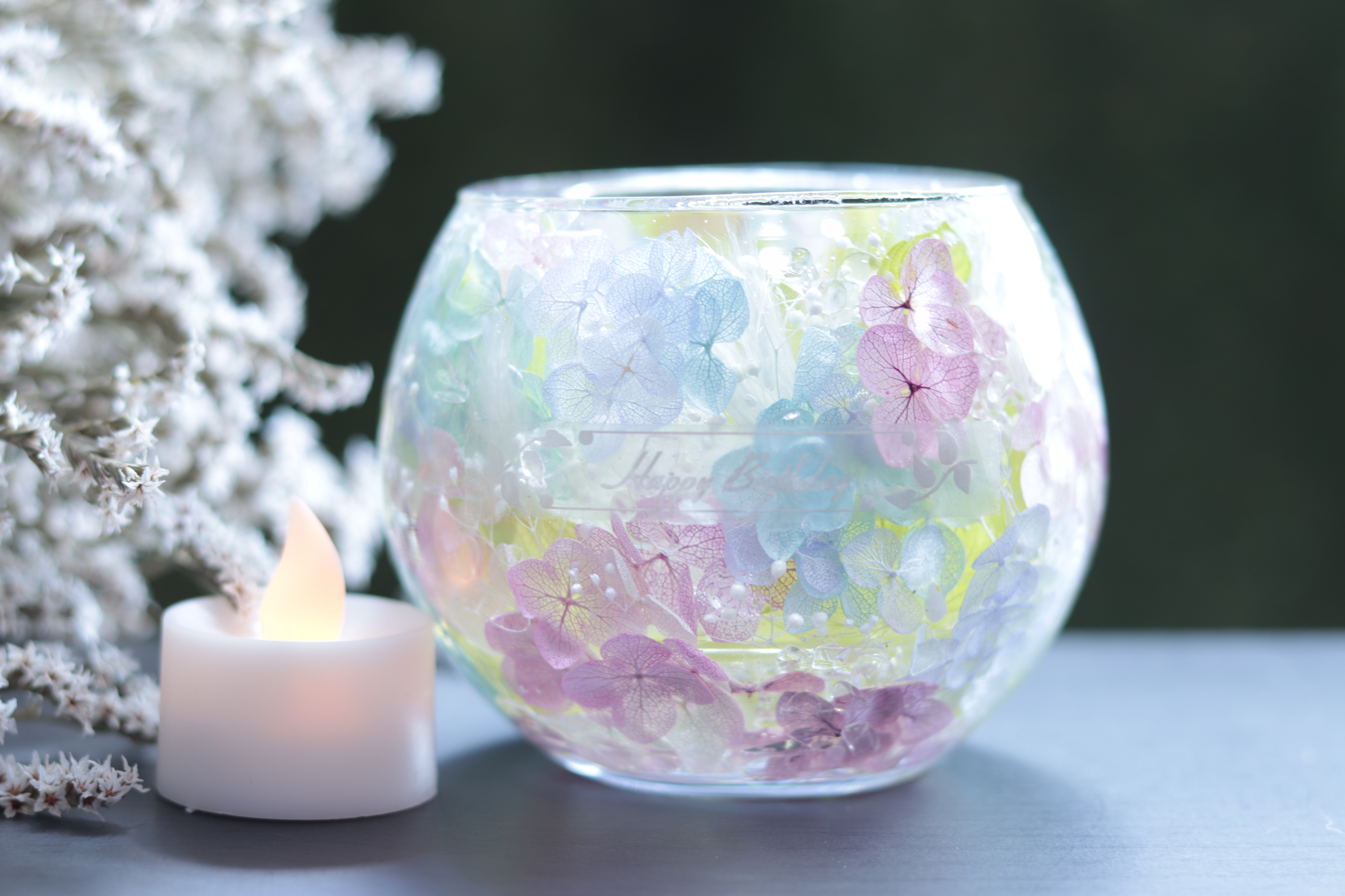 【おまけキャンドル&選べるラベル】「アジサイと水晶の花手水」キャンドルホルダー＊誕生石・結婚・お祝い＊受注製作