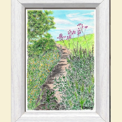 原画一点物 「野の花が咲く小道」 ＜ペンスケッチ＋透明水彩＞ 絵画