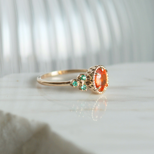 マンダリンガーネット＆エメラルド 月桂樹モチーフリング / K10YG 【1