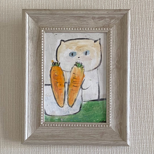 絵画。原画【かわいい猫ちゃんが大根を洗っている】 絵画 アカザ