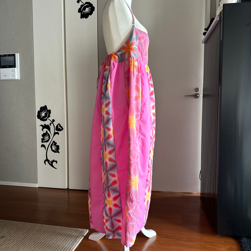 雪花絞り★褒められワンピース　着物リメイク 浴衣リメイク　ワンピース　手染め 浴衣リメイクワンピース 雪花絞り褒められワンピース 着物リメイク