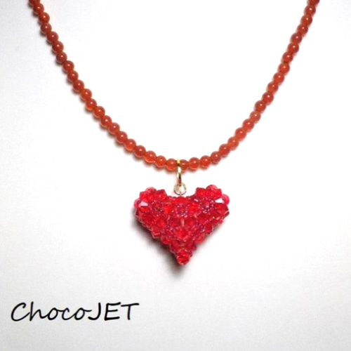 スワロフスキービーズのハートネックレス カーネリアンネックレス