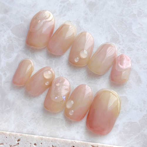 ももpink ニュアンス ネイルチップ とろ〜りぷっくり♡桃ネイル フルーツ ピンク 淡色 ニュアンス 韓国