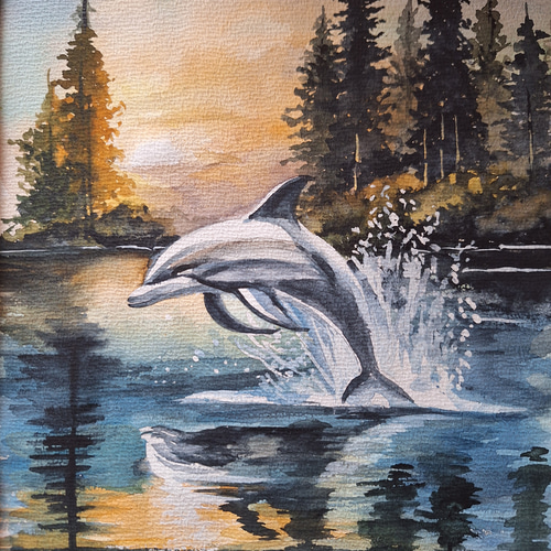 水彩画 イルカの遊泳 絵画 makochin 通販 18082807｜Creema
