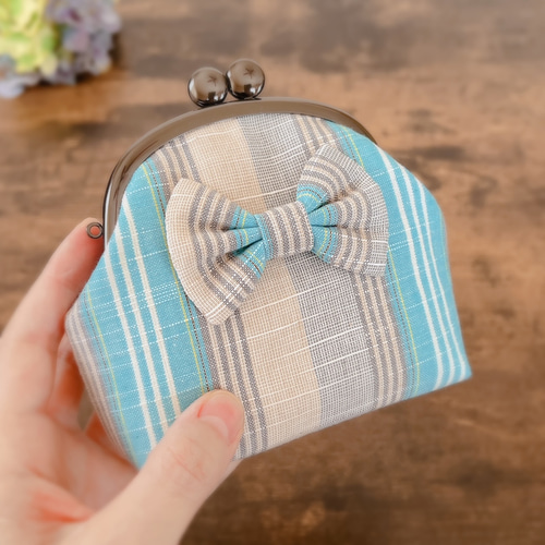 リボンが可愛いぷっくりがま口ポーチ 小物入れ 会津木綿① がま口 ルイ