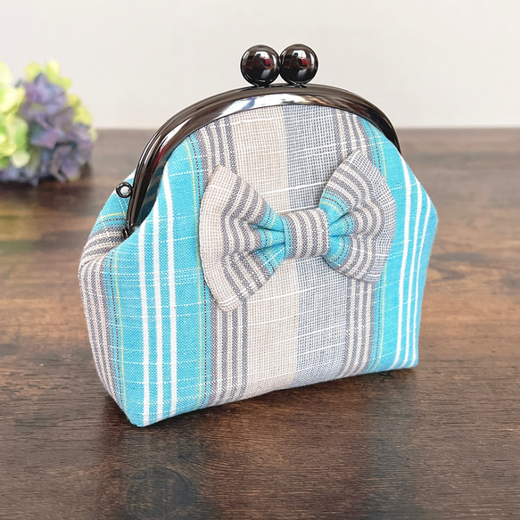 リボンが可愛いぷっくりがま口ポーチ 小物入れ 会津木綿① がま口 ルイ