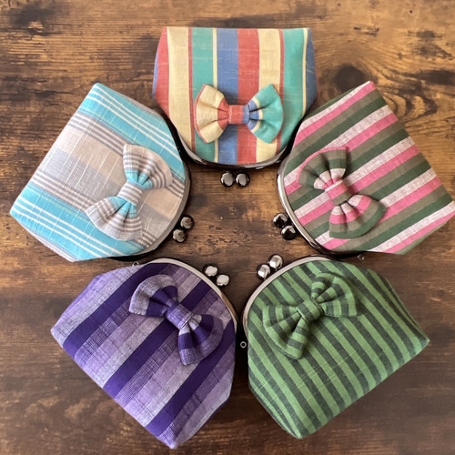 リボンが可愛いぷっくりがま口ポーチ 小物入れ 会津木綿② がま口 ルイ