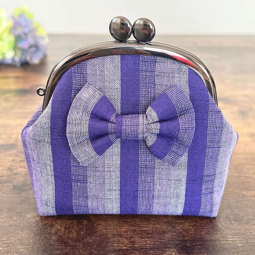 リボンが可愛いぷっくりがま口ポーチ 小物入れ 会津木綿② がま口 ルイ