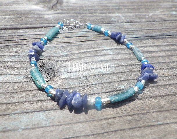 *sv925*Ocean Blue Sea Vintage Bracelet ローマングラスと天然石のカレンシルバーブレ
