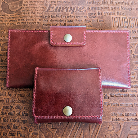 ぐしぐし手縫い＊挿し色ゴールドとヴィンテージボルドーのスリムな本革  