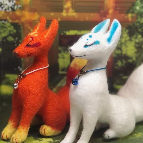 ◇稲荷狐 水色 キツネ 幻獣【羊毛フェルト人形】 羊毛フェルト ◇稲荷狐 水色 キツネ 幻獣【羊毛フェルト人形】 羊毛フェルト