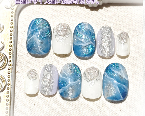 【現品】夏ネイル　ニュアンスネイル　ネイルチップ　個性派ネイル　大人ネイル ニュアンスネイル 夏ネイル ショートネイル 海ネイル 個性派