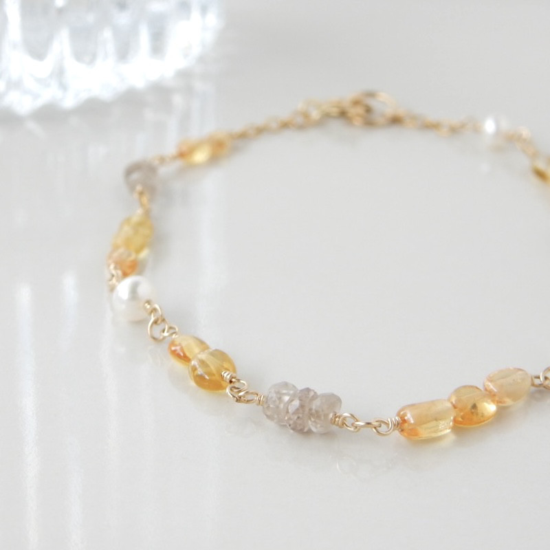 〖9月誕生石〗イエローサファイア・ブラウンジルコン・淡水パールブレスレット 14kgf【1565】