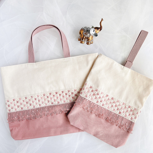 ⑅インド刺繍リボン⑅レッスンバッグ&上履き入れセット ❁小花柄
