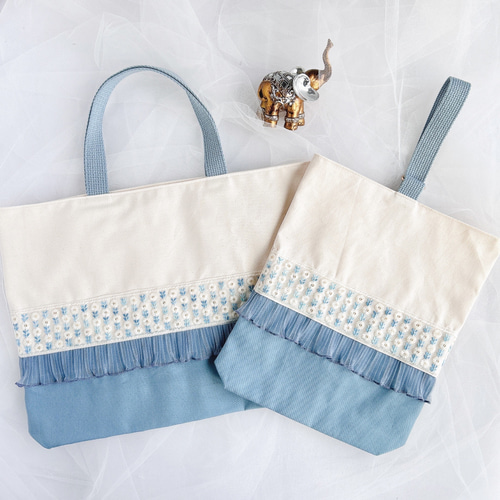 ⑅インド刺繍リボン⑅レッスンバッグ&上履き入れセット ❁小花柄
