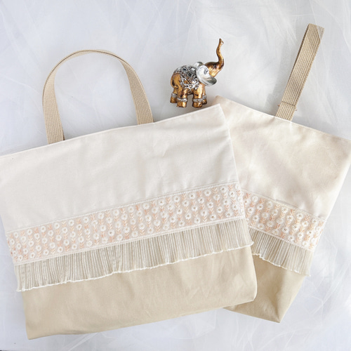れな様　ヌビ　りぼん　刺繍生地　レッスンバッグ　上履き袋　体操着袋　入園入学 ⑅インド刺繍リボン⑅レッスンバッグ&上履き入れセット ❁小花柄