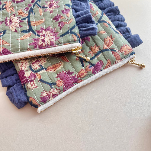 インドブロックプリント】 キルトフリルポーチ ポーチ スタイ専門店