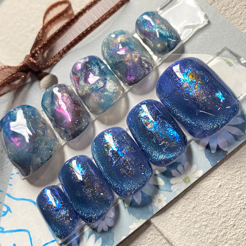 サイズオーダー】銀河みたいなマグネットニュアンスネイルチップ 青