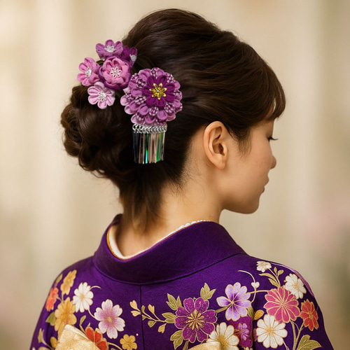 鶴　下がり　かんざし　紫　ちりめん　髪飾り　つまみ細工　花　成人式　振袖　黄色 つまみ細工 成人式 振袖 髪飾り| きもの館 創美苑