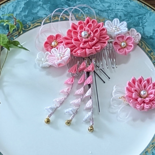 つまみ細工 七五三 髪飾り④ つまみ細工 髪飾り 4点セット 和装、七五三、成人式、卒業式、振袖、袴