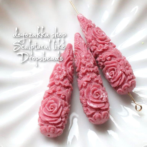 2個☆ローズ模様のドロップビーズ 彫刻風 しずく バラ 薔薇  