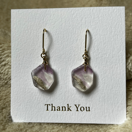 レジンアクセサリー レジンピアス 水彩アート 紫 ゴールドラメ ピアス